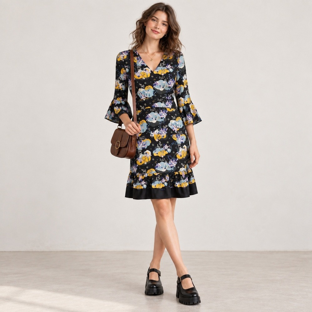 Yumi Floral Midi Dress Bell Sleeve Ruffle Hem Mod Retro Artsy Whimsical 6